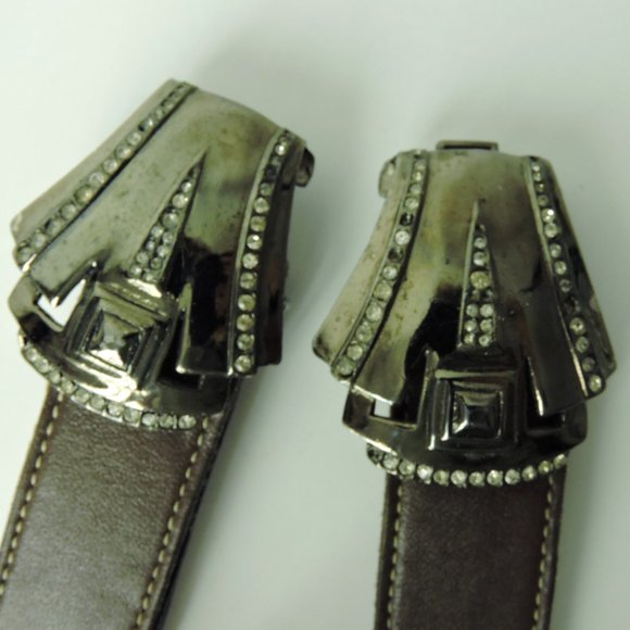 Hattie Carnegie jeweled buckle brown Belt genuine leather women's M / L vintage - Picture 6 of 9